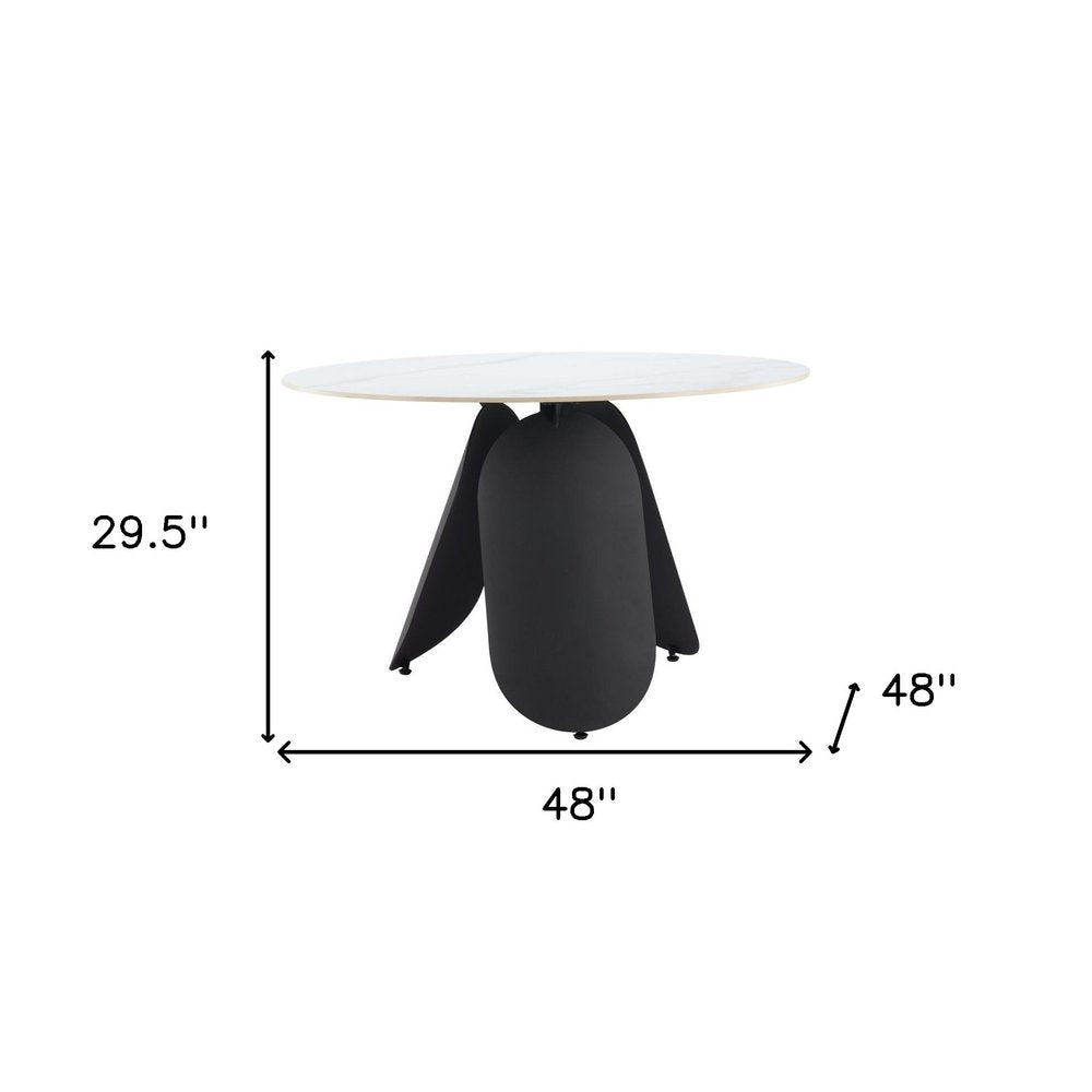 White and Black Faux Marble and Steel Pedestal Base Round Top Dining Table