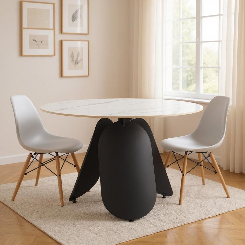 White and Black Faux Marble and Steel Pedestal Base Round Top Dining Table