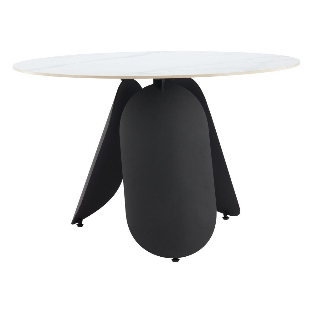 White and Black Faux Marble and Steel Pedestal Base Round Top Dining Table