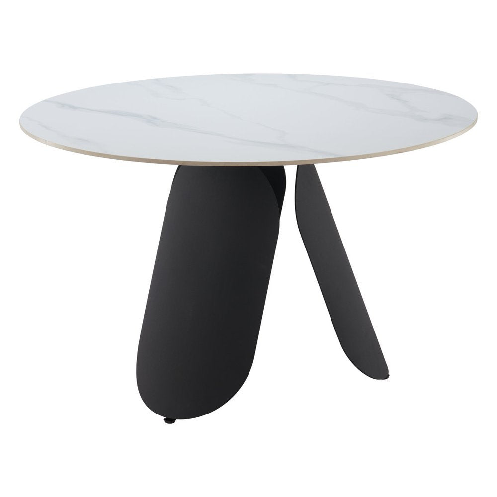 White and Black Faux Marble and Steel Pedestal Base Round Top Dining Table