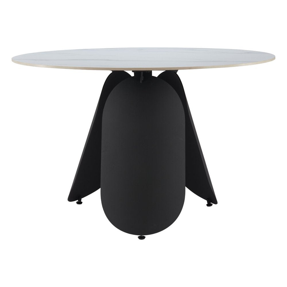 White and Black Faux Marble and Steel Pedestal Base Round Top Dining Table