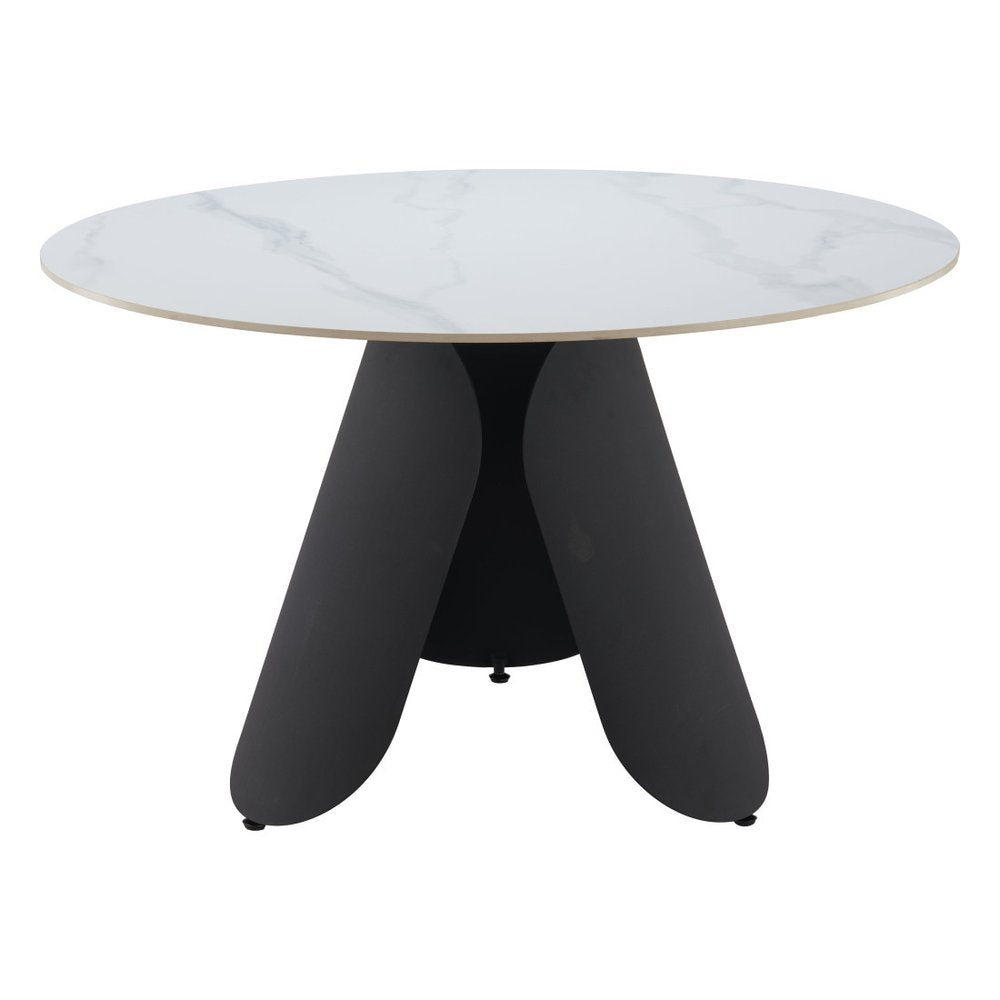 White and Black Faux Marble and Steel Pedestal Base Round Top Dining Table