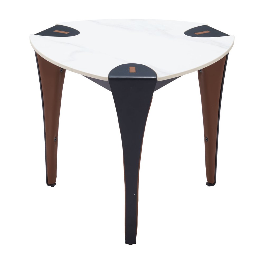 White Black and Brown Faux Marble and Steel Triangular End Table