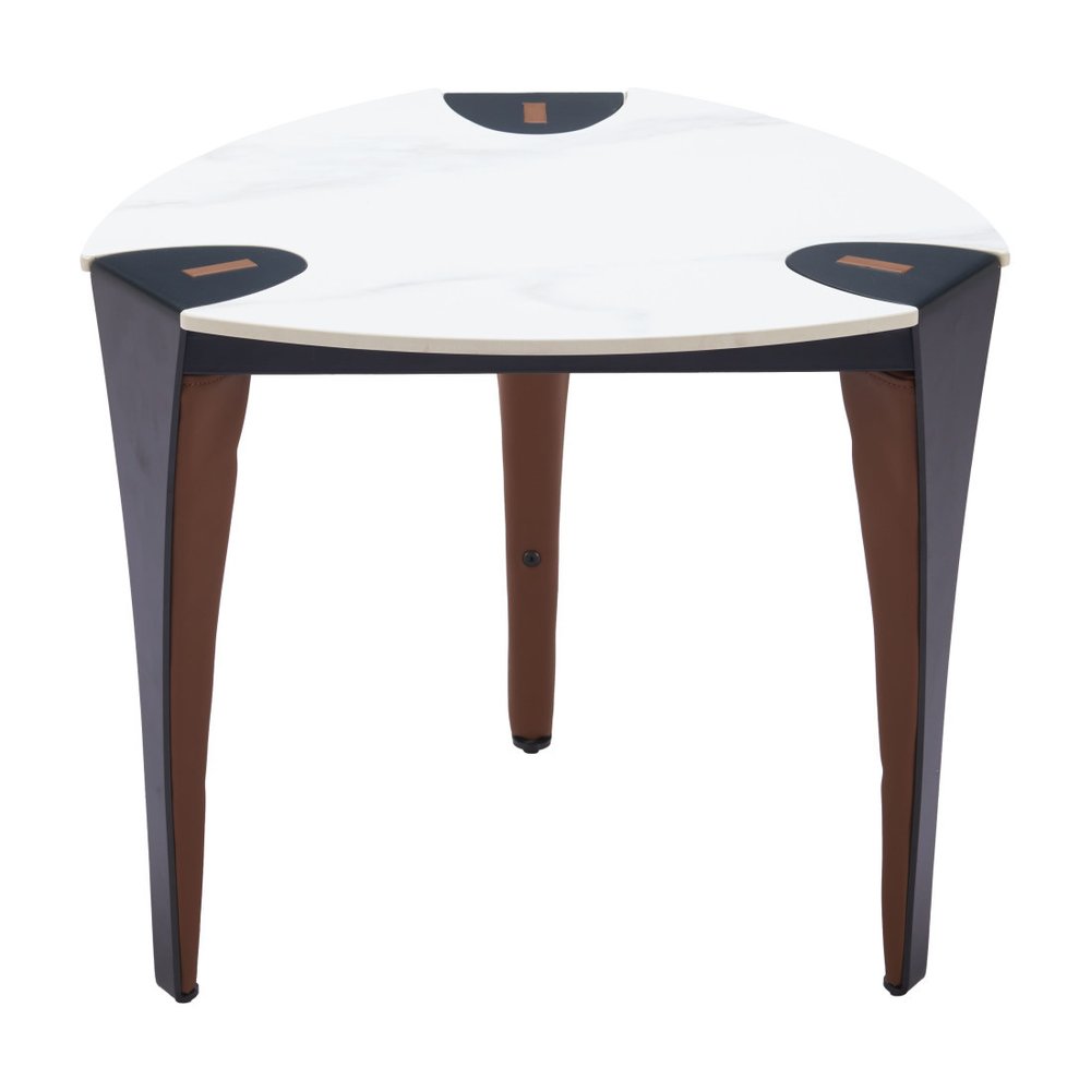 White Black and Brown Faux Marble and Steel Triangular End Table