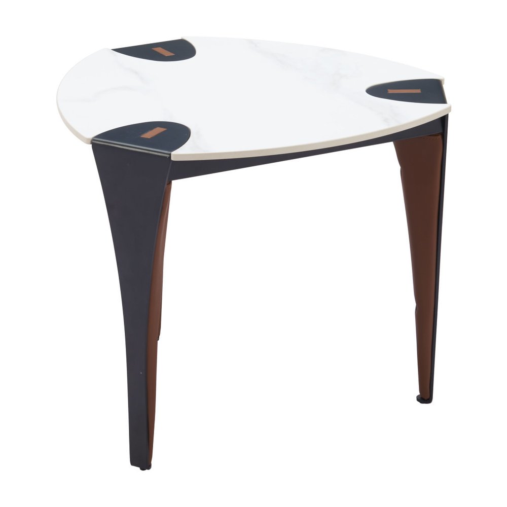 White Black and Brown Faux Marble and Steel Triangular End Table