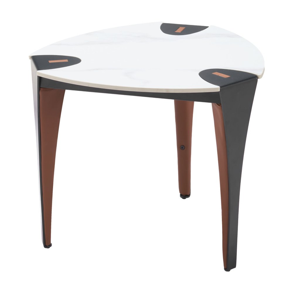 White Black and Brown Faux Marble and Steel Triangular End Table