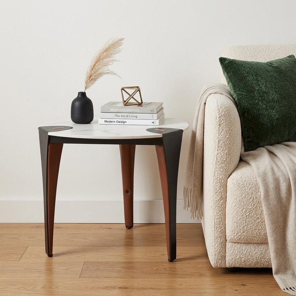 White Black and Brown Faux Marble and Steel Triangular End Table