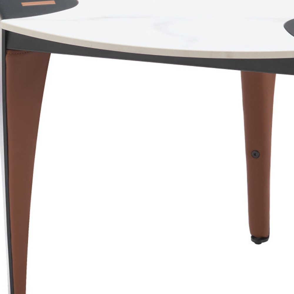 White Black and Brown Faux Marble and Steel Triangular End Table