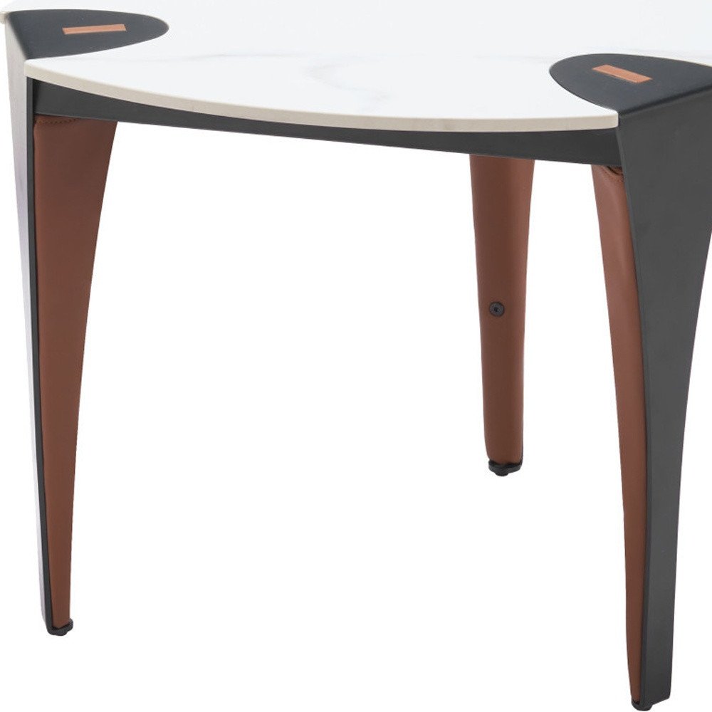 White Black and Brown Faux Marble and Steel Triangular End Table
