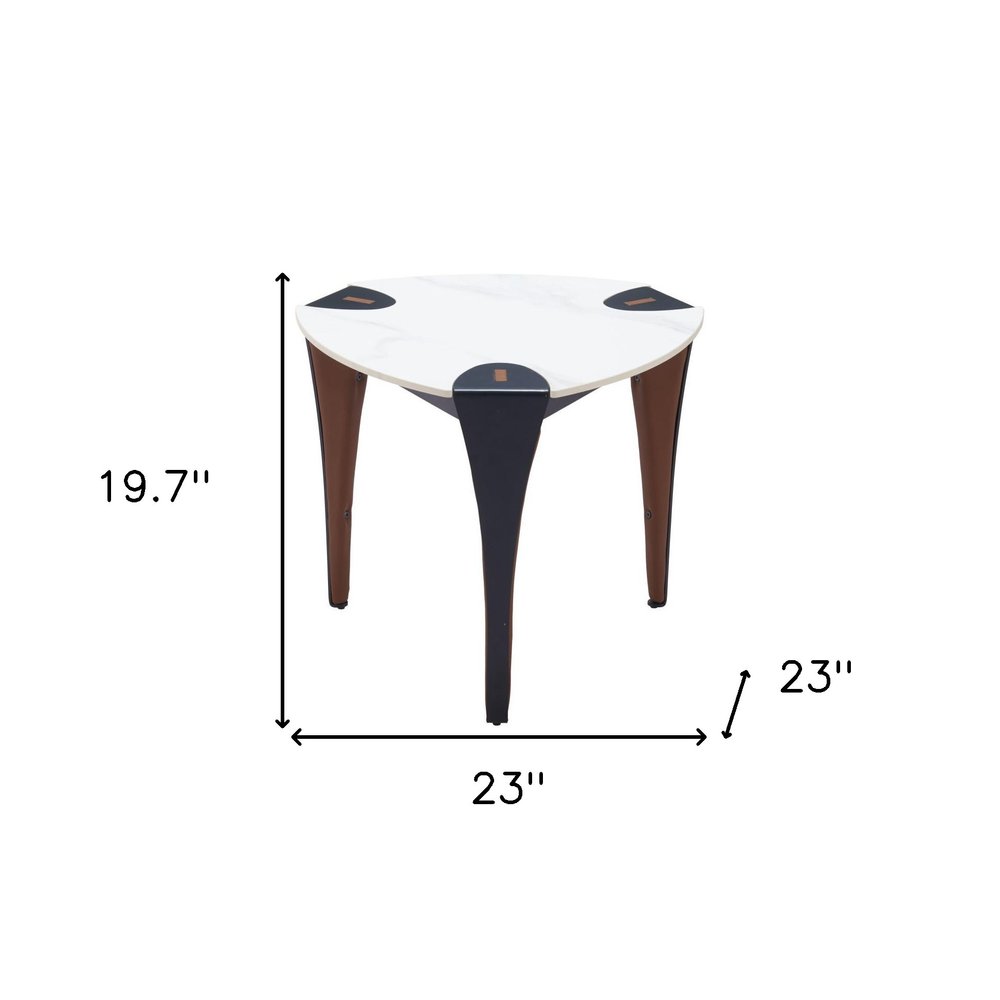 White Black and Brown Faux Marble and Steel Triangular End Table