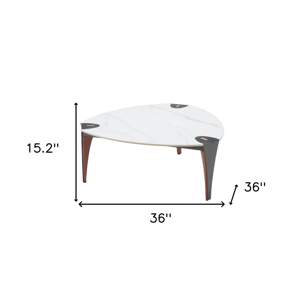 White and Black Sintered Stone Faux Leather and Steel Triangle Coffee Table