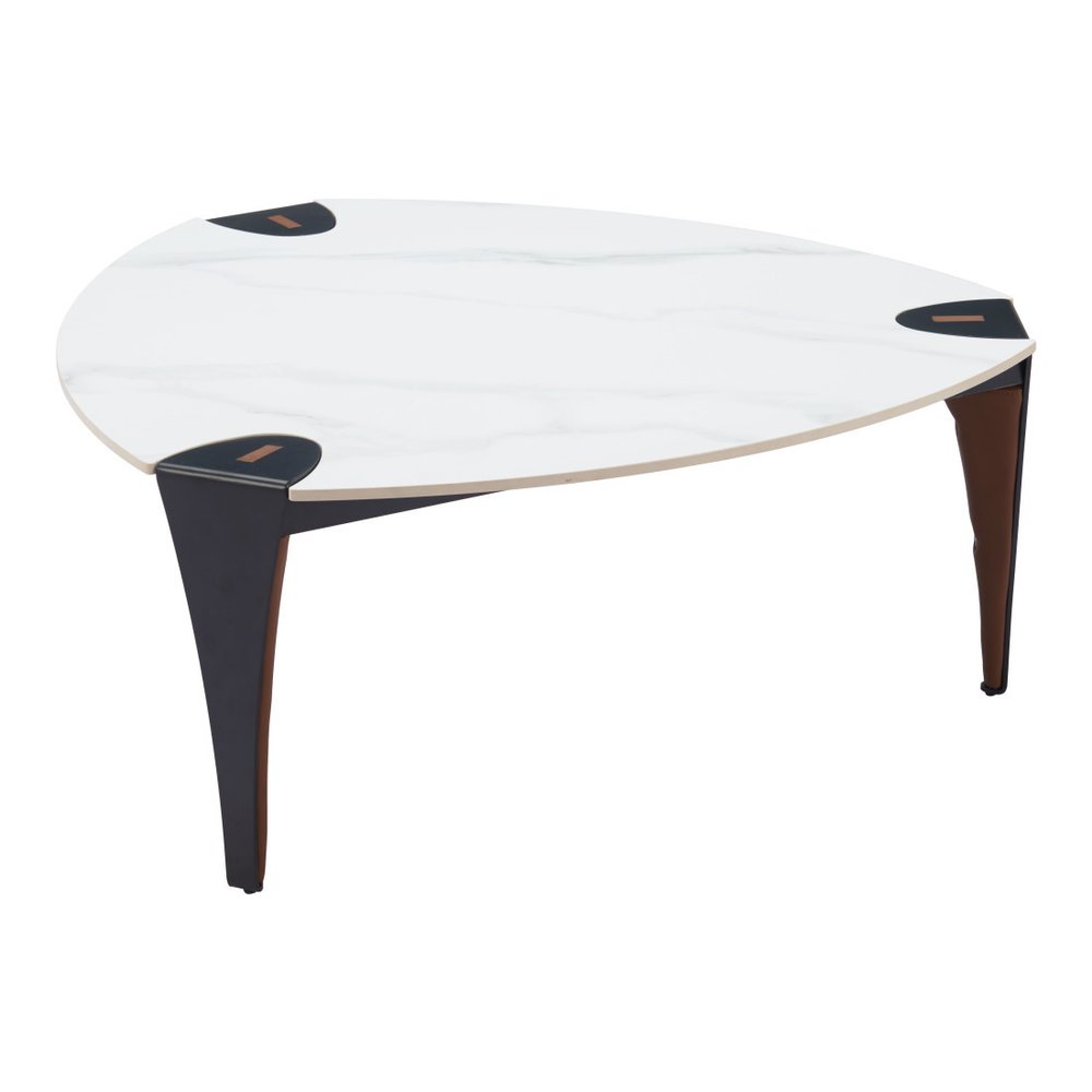 White and Black Sintered Stone Faux Leather and Steel Triangle Coffee Table