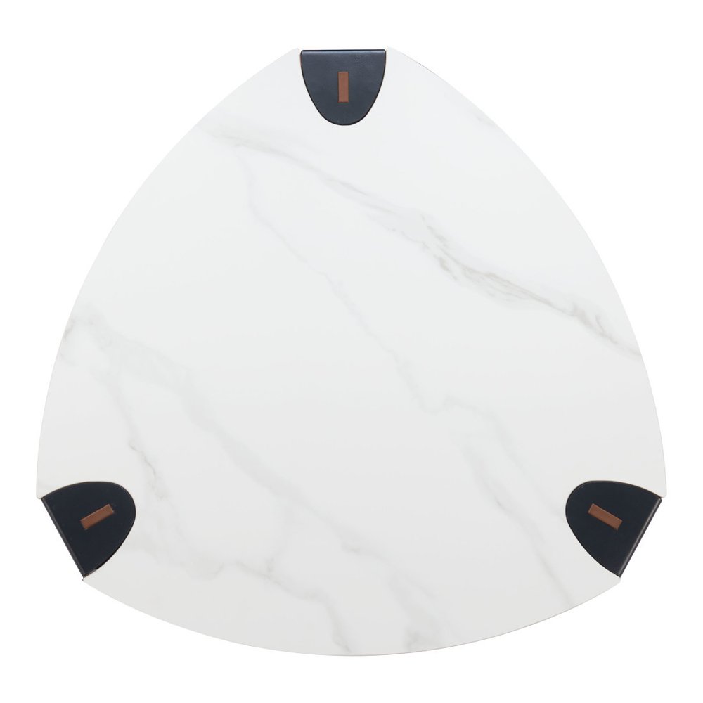 White and Black Sintered Stone Faux Leather and Steel Triangle Coffee Table