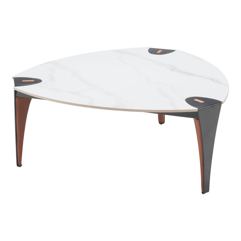 White and Black Sintered Stone Faux Leather and Steel Triangle Coffee Table