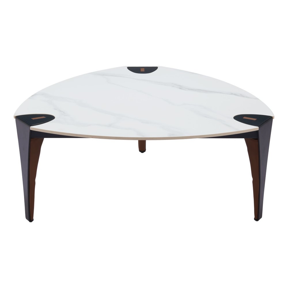 White and Black Sintered Stone Faux Leather and Steel Triangle Coffee Table