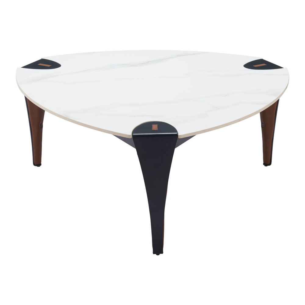 White and Black Sintered Stone Faux Leather and Steel Triangle Coffee Table