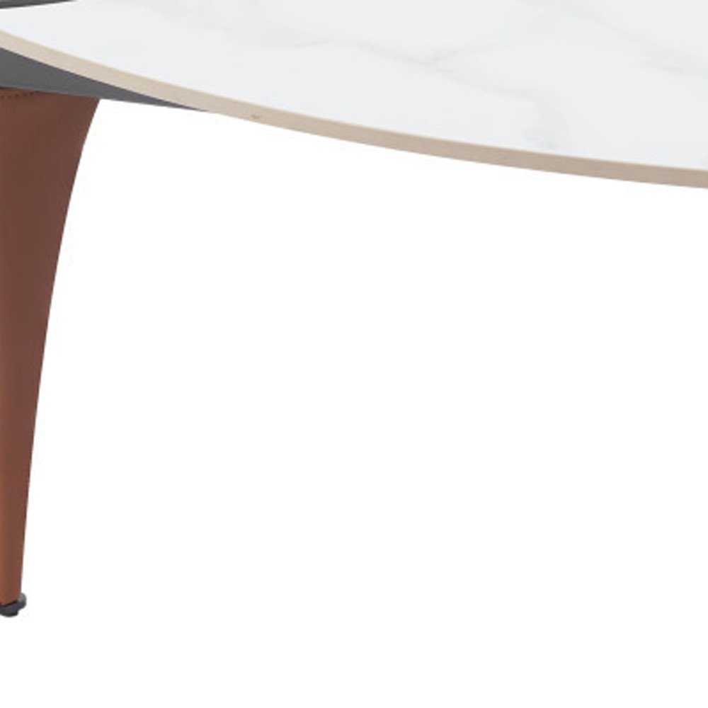 White and Black Sintered Stone Faux Leather and Steel Triangle Coffee Table