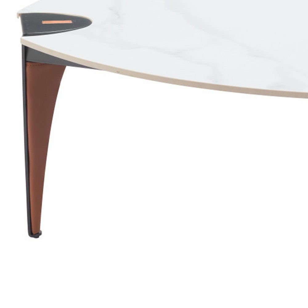 White and Black Sintered Stone Faux Leather and Steel Triangle Coffee Table