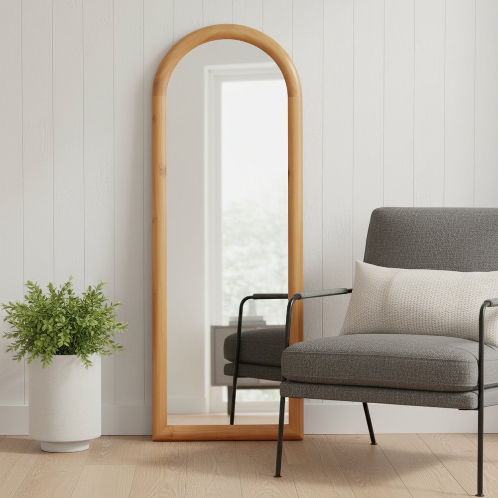 Natural Solid Wood Arch Framed Full Length Mirror - 66-inch