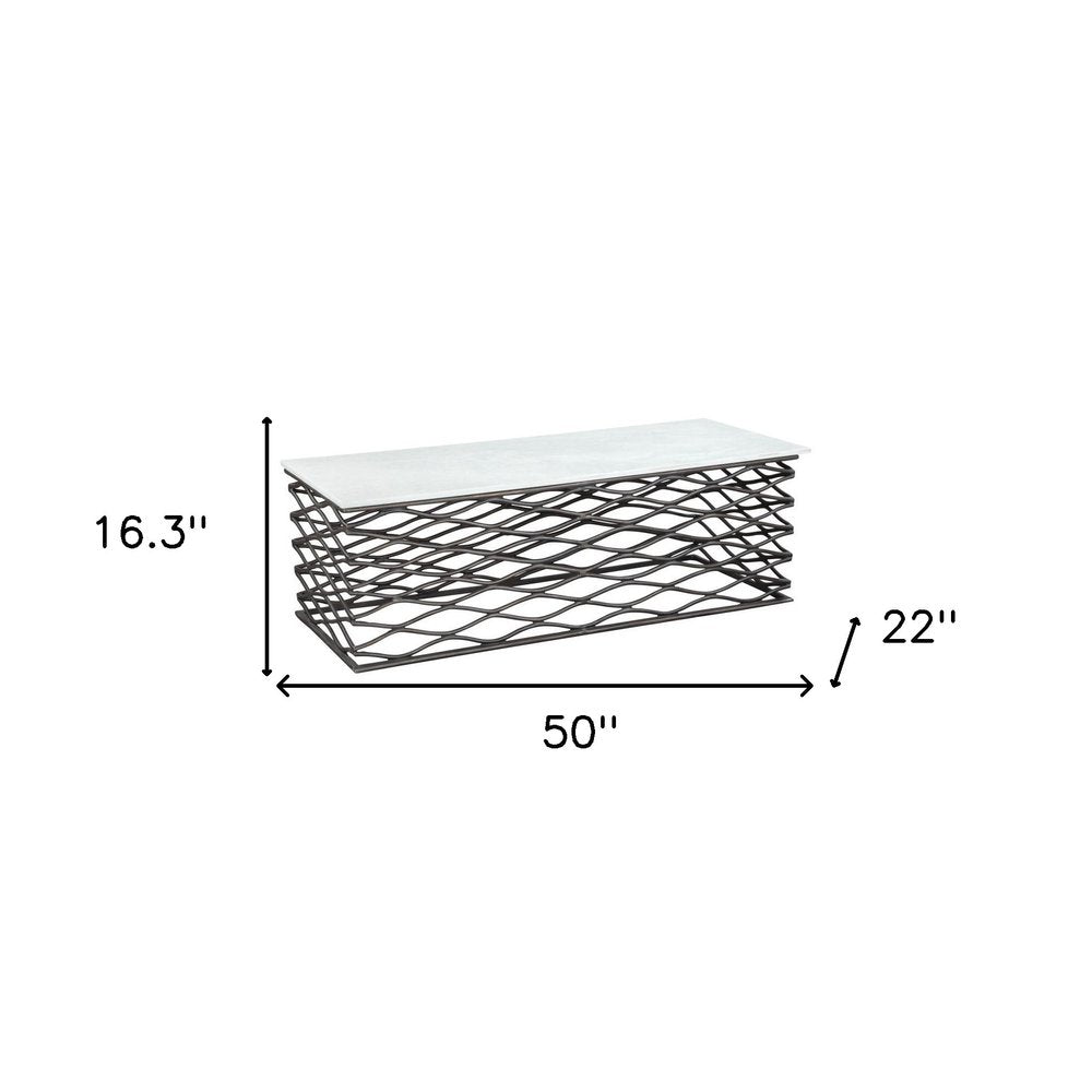 White and Antiqued Bronze Genuine Marble and Aluminum Abstract Coffee Table