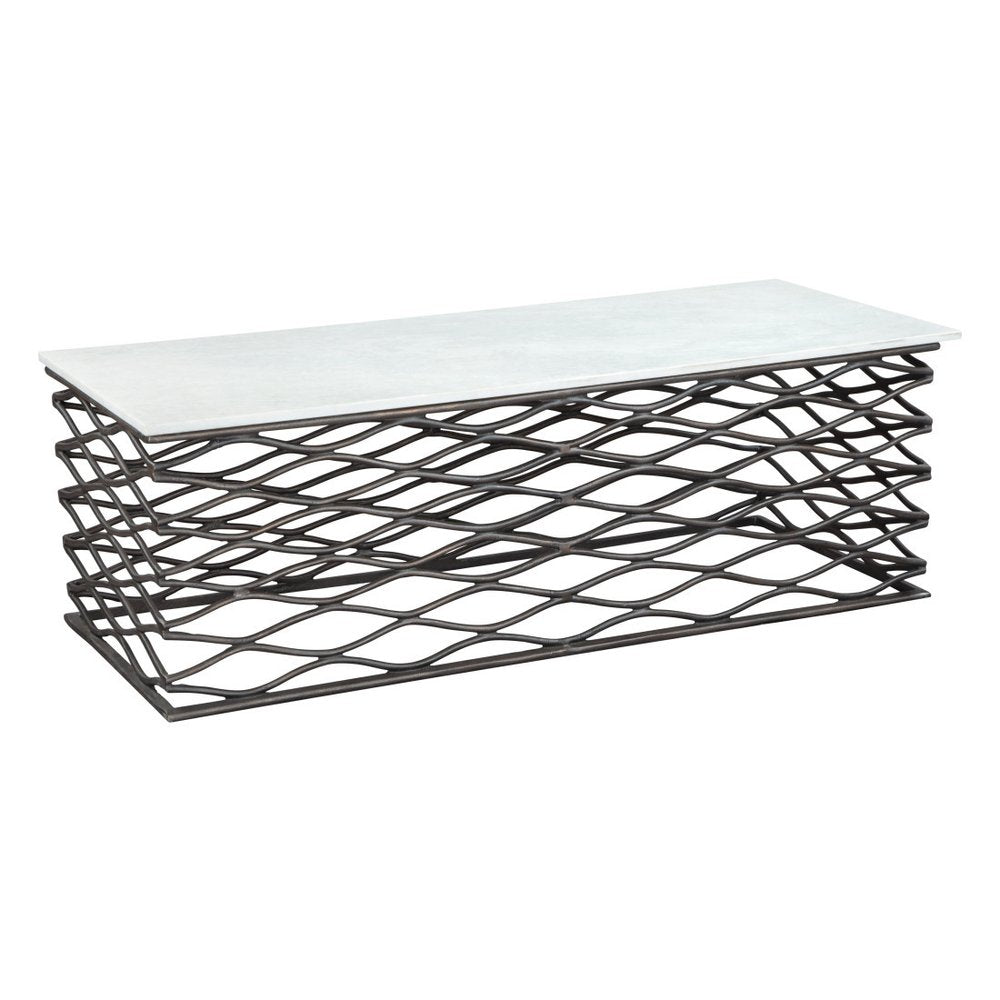 White and Antiqued Bronze Genuine Marble and Aluminum Abstract Coffee Table