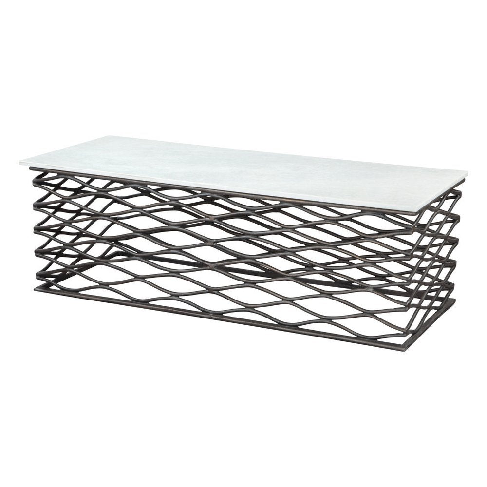 White and Antiqued Bronze Genuine Marble and Aluminum Abstract Coffee Table