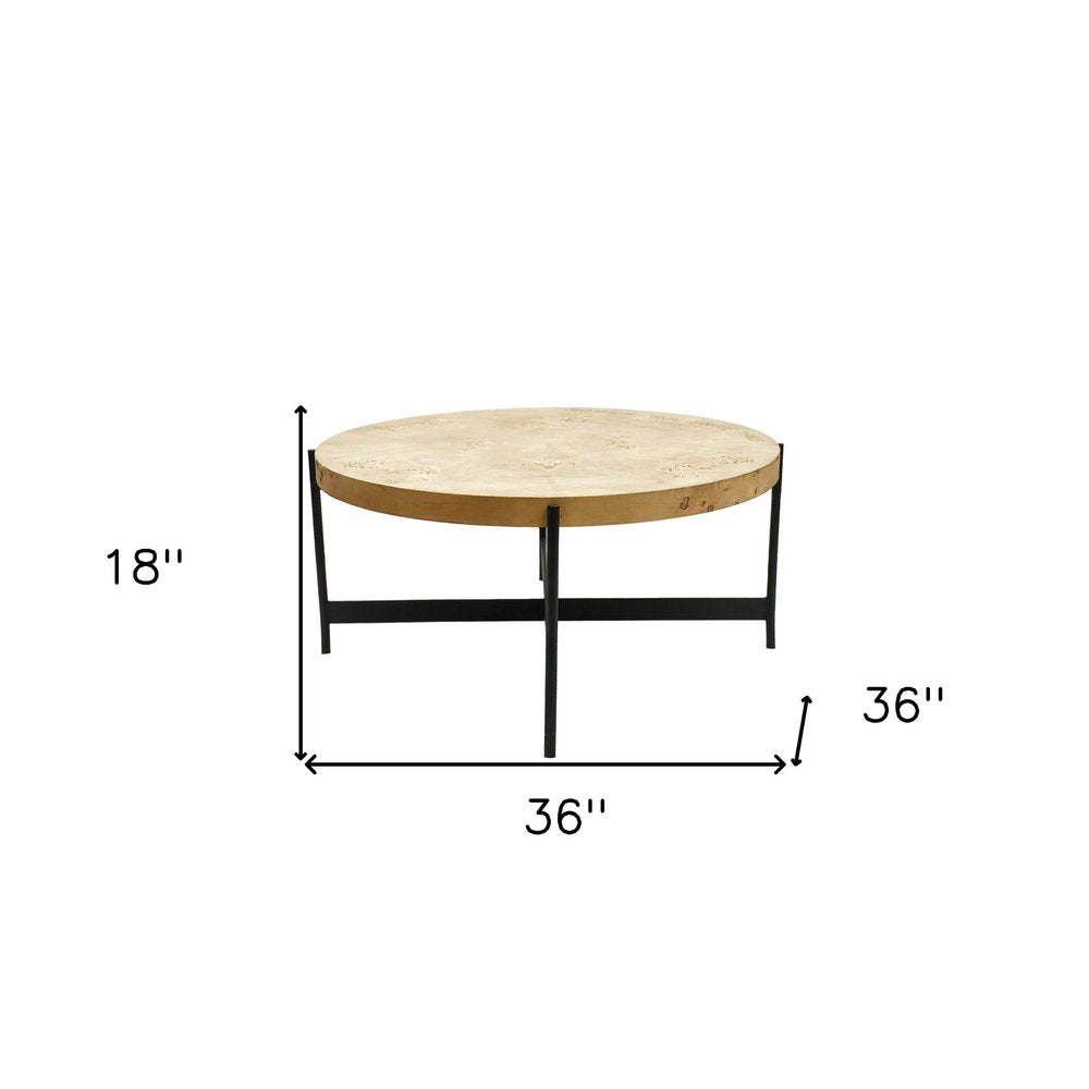 Natural and Black Wood and Iron Round Coffee Table - 36-inch