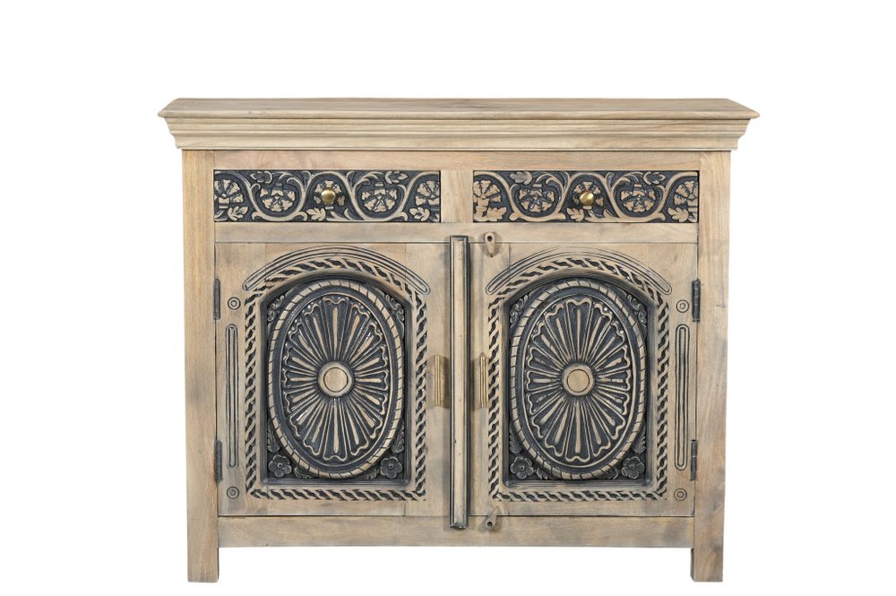 Black Distressed Solid Wood Carved Scrollwork Two Drawer Sideboard with Two Doors