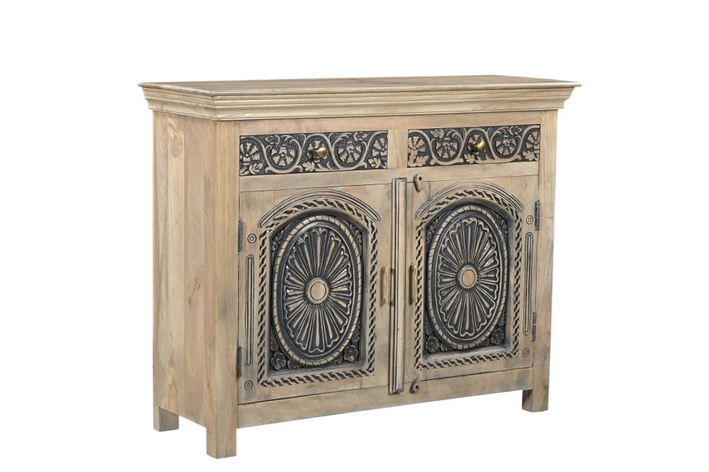 Black Distressed Solid Wood Carved Scrollwork Two Drawer Sideboard with Two Doors