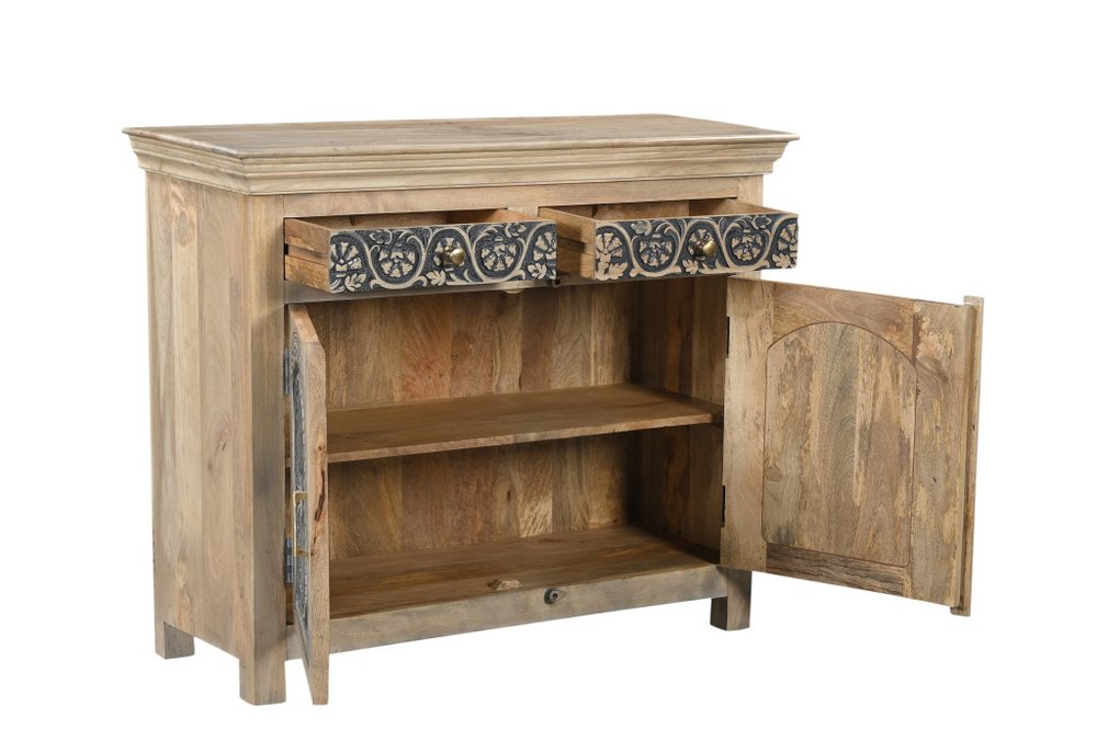 Black Distressed Solid Wood Carved Scrollwork Two Drawer Sideboard with Two Doors