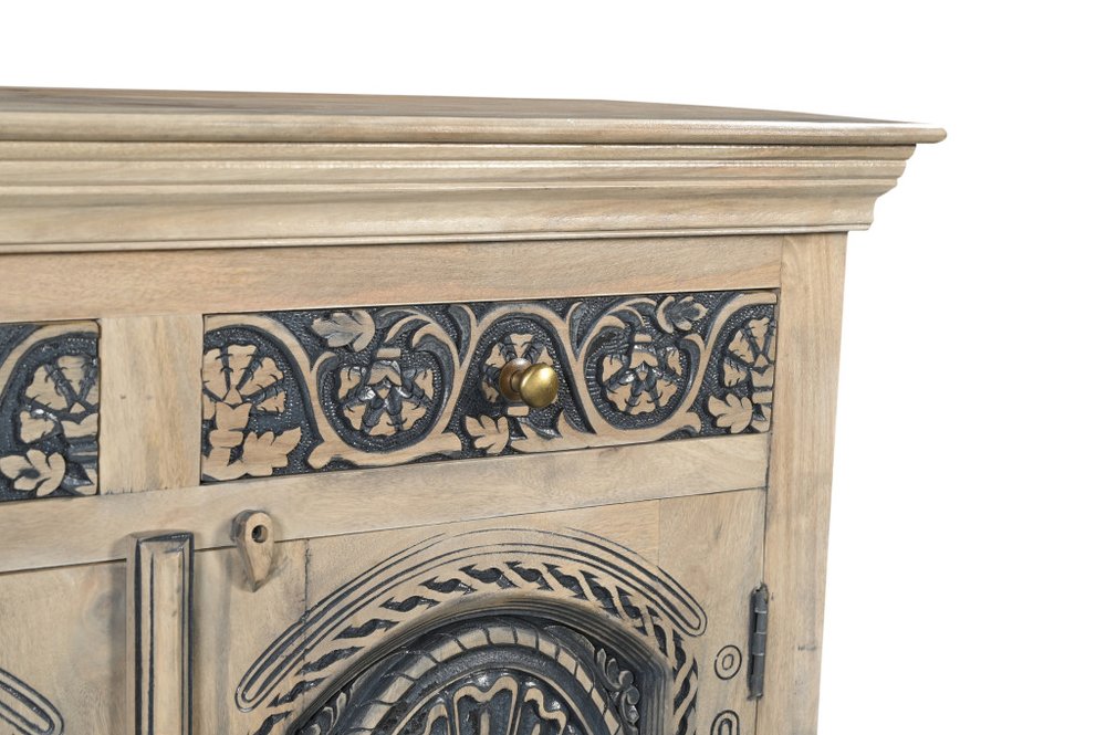 Black Distressed Solid Wood Carved Scrollwork Two Drawer Sideboard with Two Doors