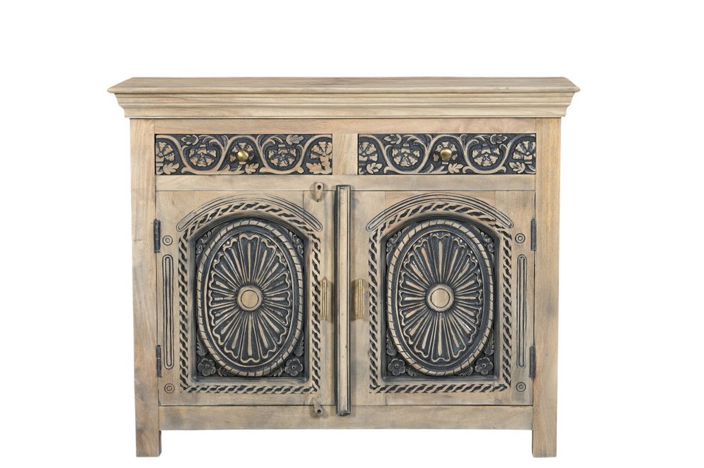 Black Distressed Solid Wood Carved Scrollwork Two Drawer Sideboard with Two Doors