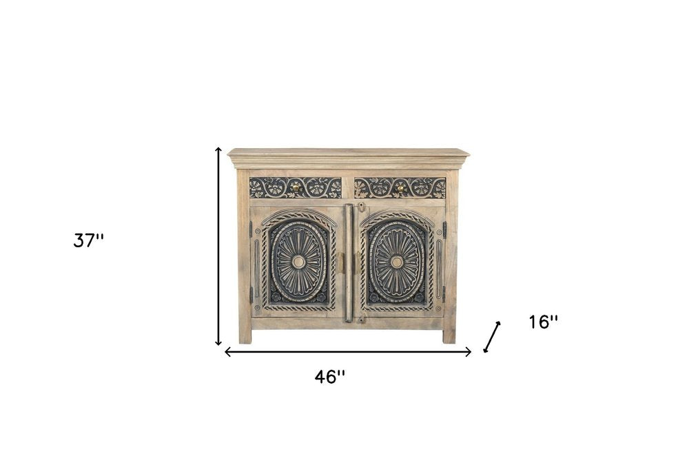 Black Distressed Solid Wood Carved Scrollwork Two Drawer Sideboard with Two Doors