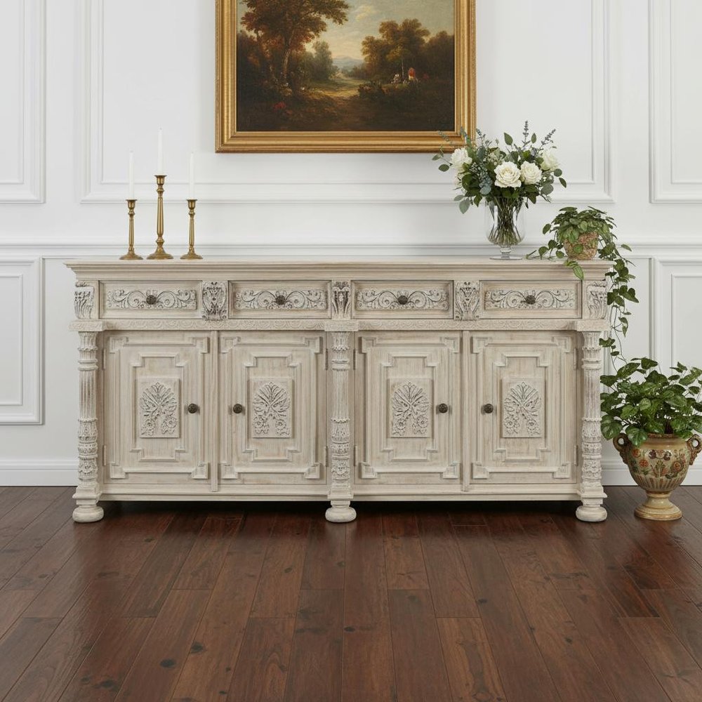 White Distressed Solid Wood Carved Scrollwork Four Drawer Sideboard with Four Doors
