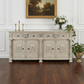 White Distressed Solid Wood Carved Scrollwork Four Drawer Sideboard with Four Doors