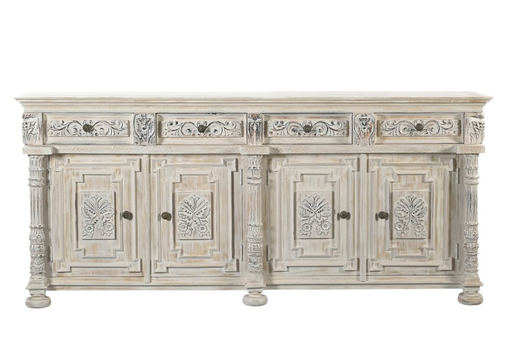 White Distressed Solid Wood Carved Scrollwork Four Drawer Sideboard with Four Doors