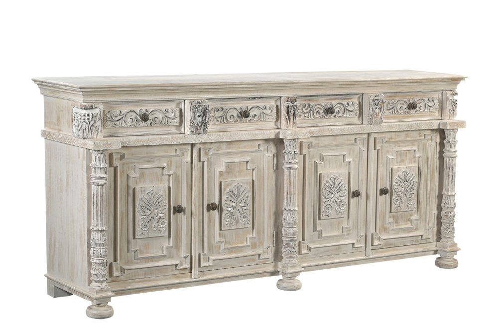 White Distressed Solid Wood Carved Scrollwork Four Drawer Sideboard with Four Doors