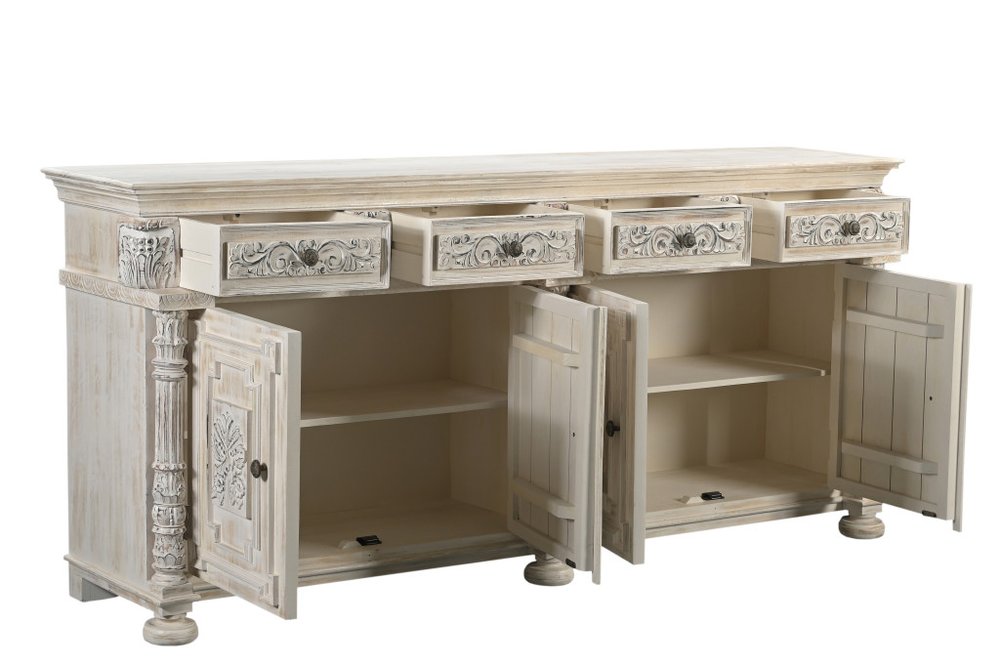 White Distressed Solid Wood Carved Scrollwork Four Drawer Sideboard with Four Doors