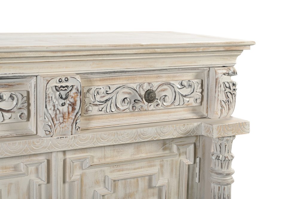White Distressed Solid Wood Carved Scrollwork Four Drawer Sideboard with Four Doors
