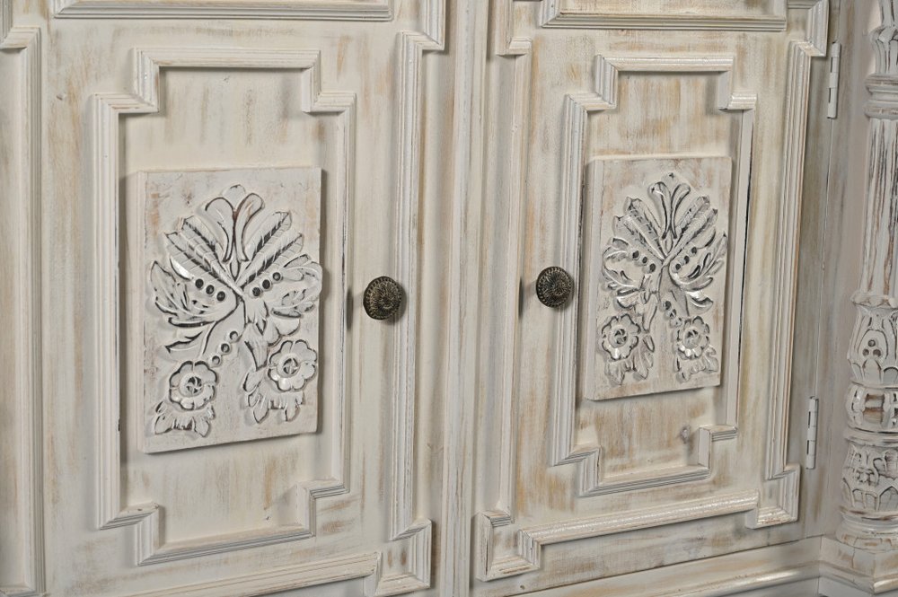 White Distressed Solid Wood Carved Scrollwork Four Drawer Sideboard with Four Doors