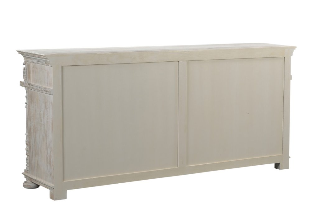 White Distressed Solid Wood Carved Scrollwork Four Drawer Sideboard with Four Doors