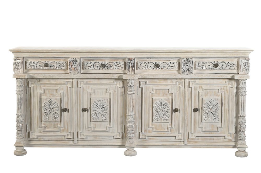 White Distressed Solid Wood Carved Scrollwork Four Drawer Sideboard with Four Doors