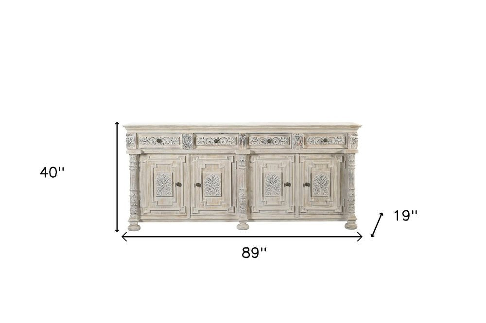 White Distressed Solid Wood Carved Scrollwork Four Drawer Sideboard with Four Doors