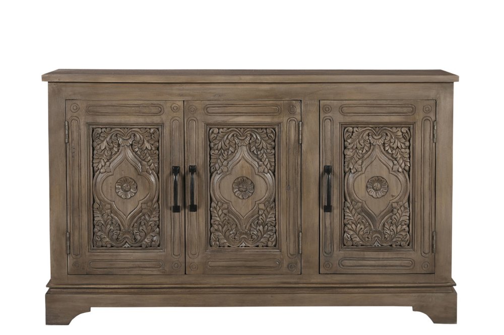 Brown Distressed Solid Wood Carved Scrollwork Sideboard with Three Doors