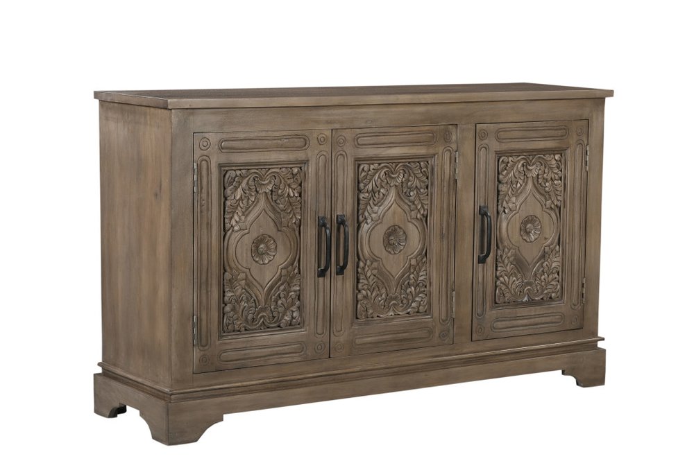 Brown Distressed Solid Wood Carved Scrollwork Sideboard with Three Doors