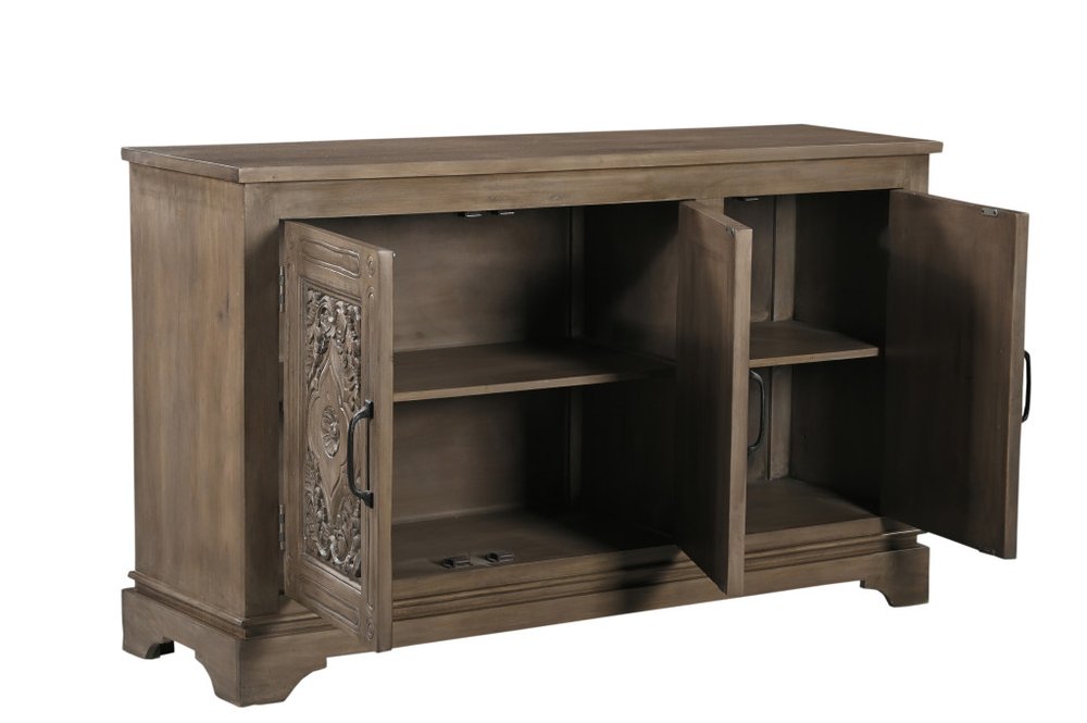 Brown Distressed Solid Wood Carved Scrollwork Sideboard with Three Doors