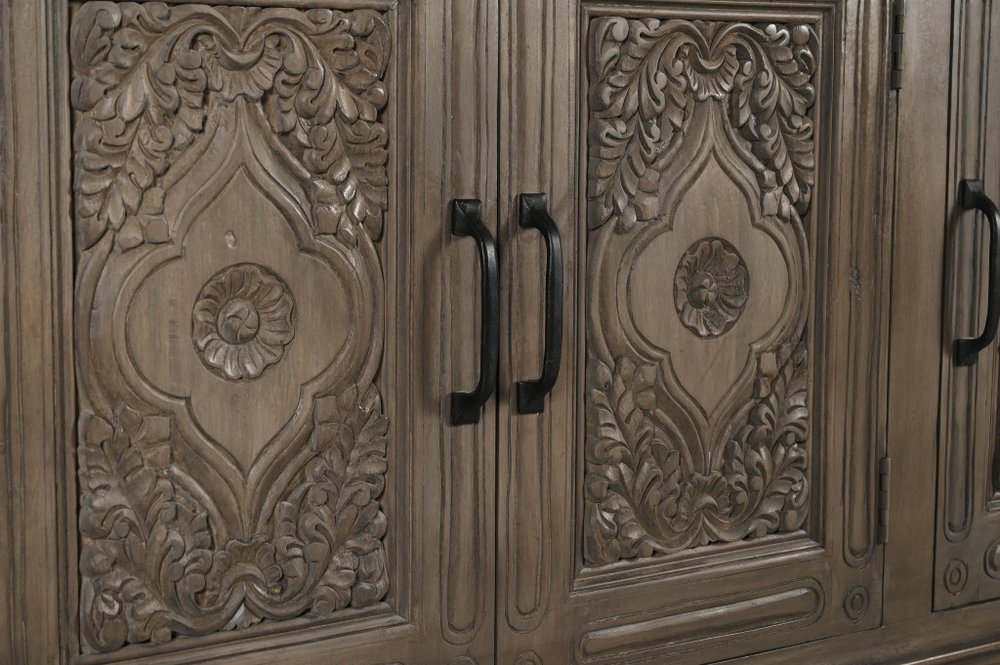 Brown Distressed Solid Wood Carved Scrollwork Sideboard with Three Doors