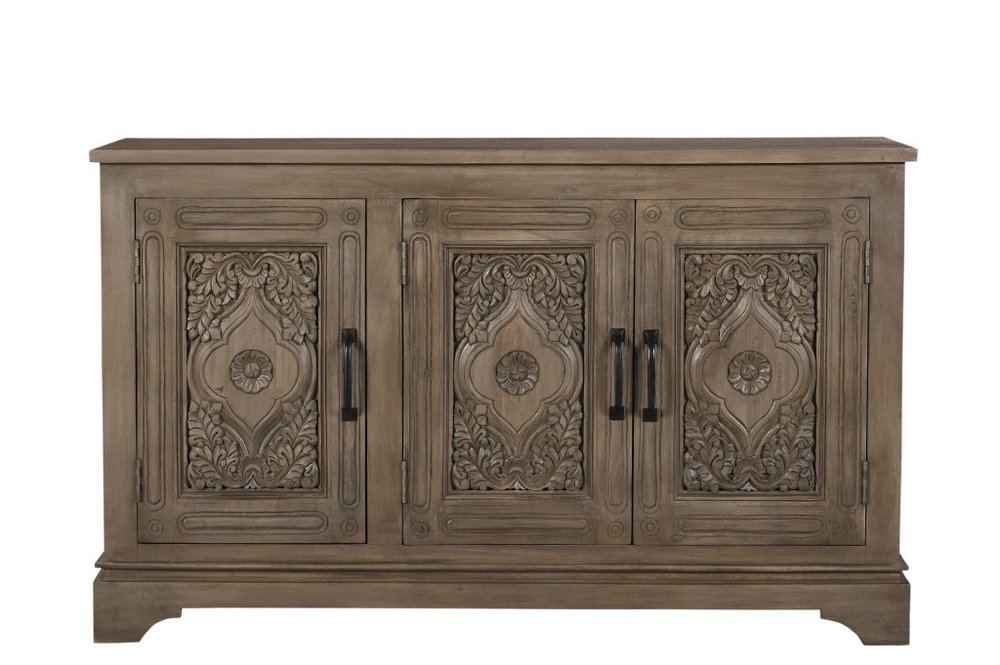 Brown Distressed Solid Wood Carved Scrollwork Sideboard with Three Doors