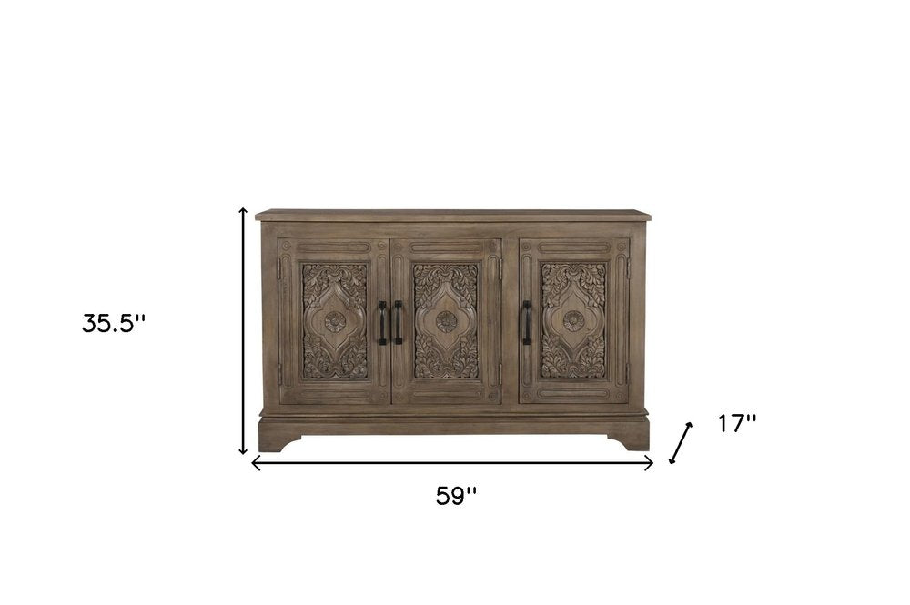 Brown Distressed Solid Wood Carved Scrollwork Sideboard with Three Doors