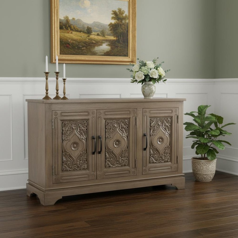 Brown Distressed Solid Wood Carved Scrollwork Sideboard with Three Doors
